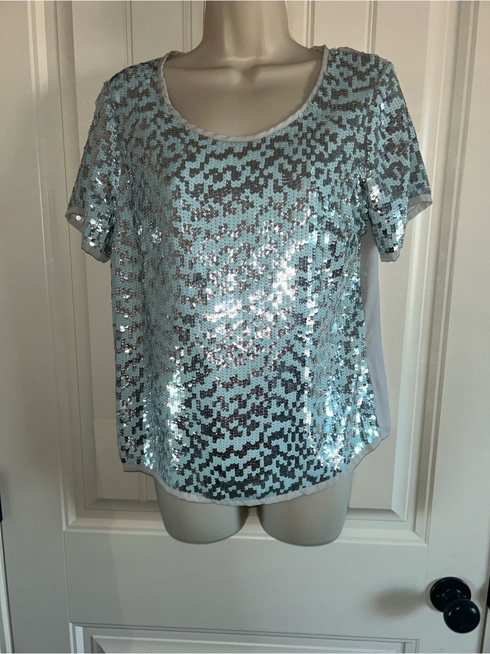 NWT Pleione Light Aqua Sequin Short-Sleeve Scoop Neck Top Blouse Sz S